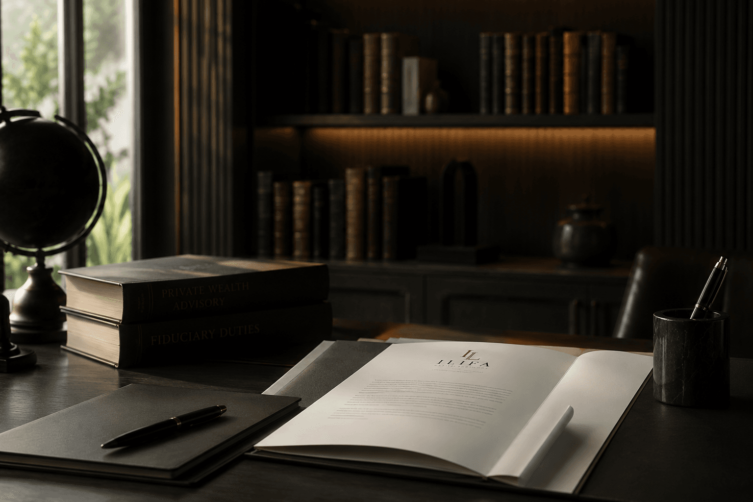 A quiet institutional study with Ilifa advisory documents on a desk.