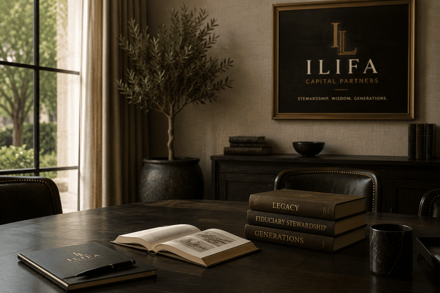 A composed advisory room with Ilifa branding and legacy books.